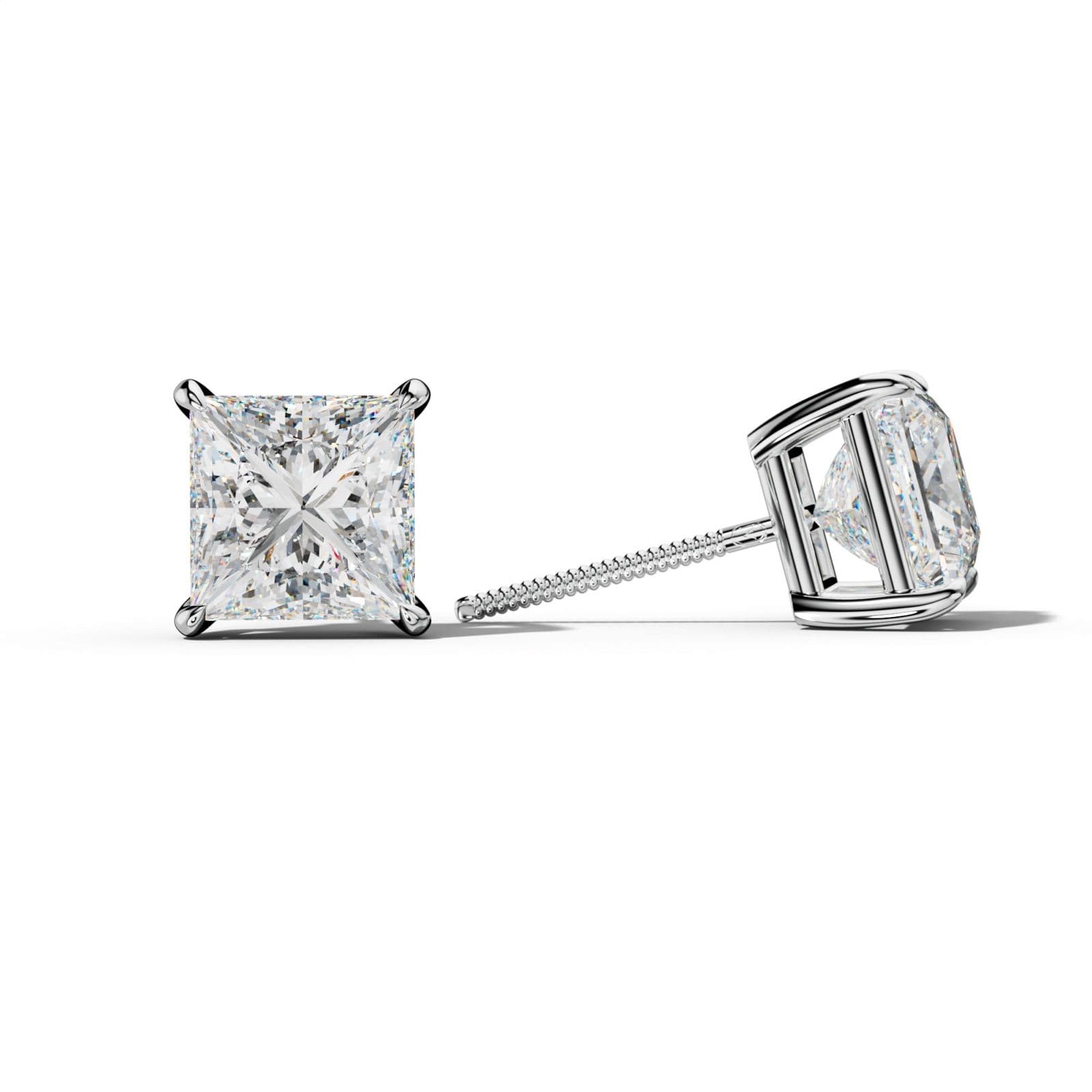 Princess Cut Diamond Stud Earrings With Four Claw Prongs