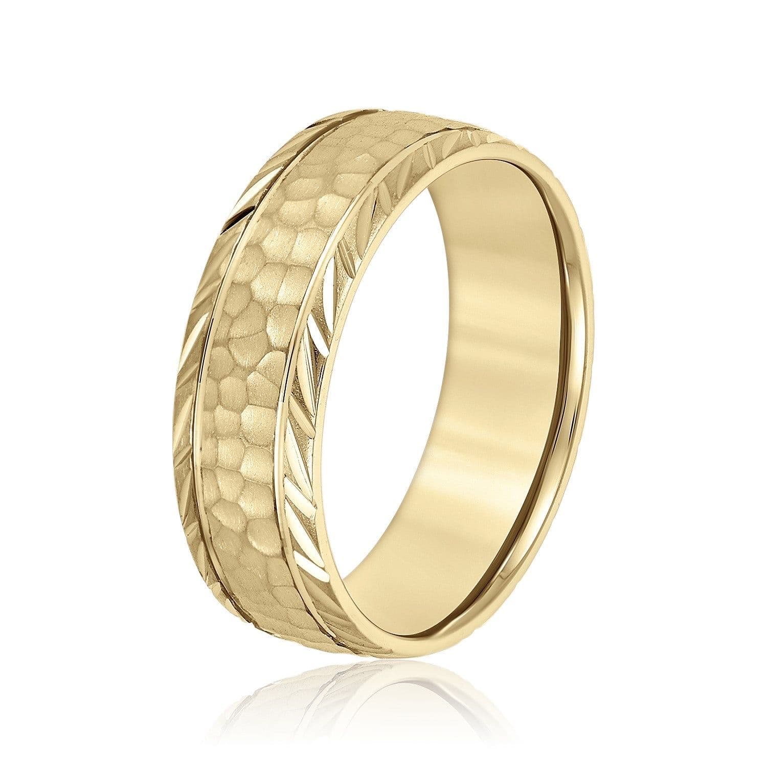 Men’s Leaf Pattern Edged Hammered Center Wedding Band