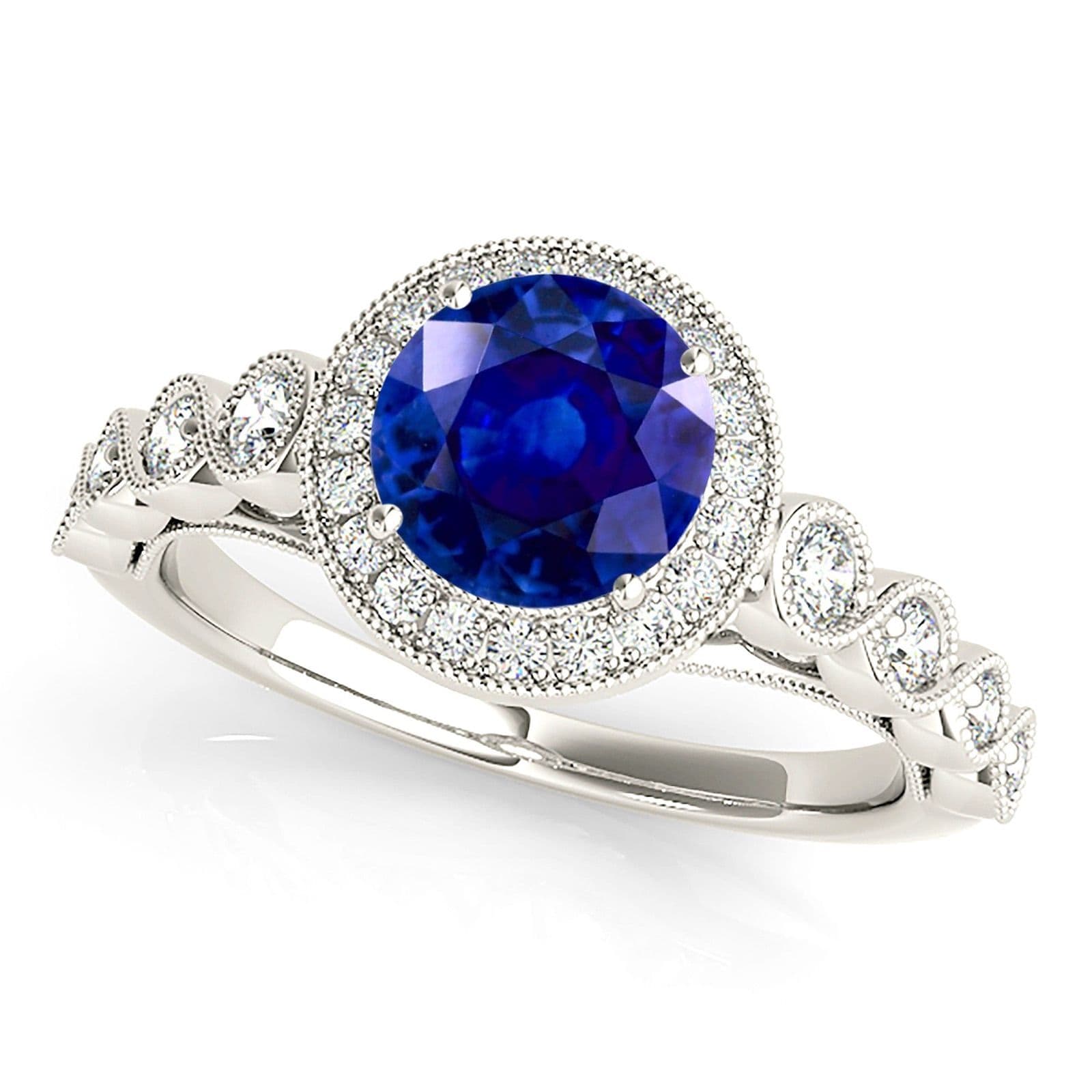 1.35 ct. Genuine Blue Sapphire Ring Milgrain Halo Style