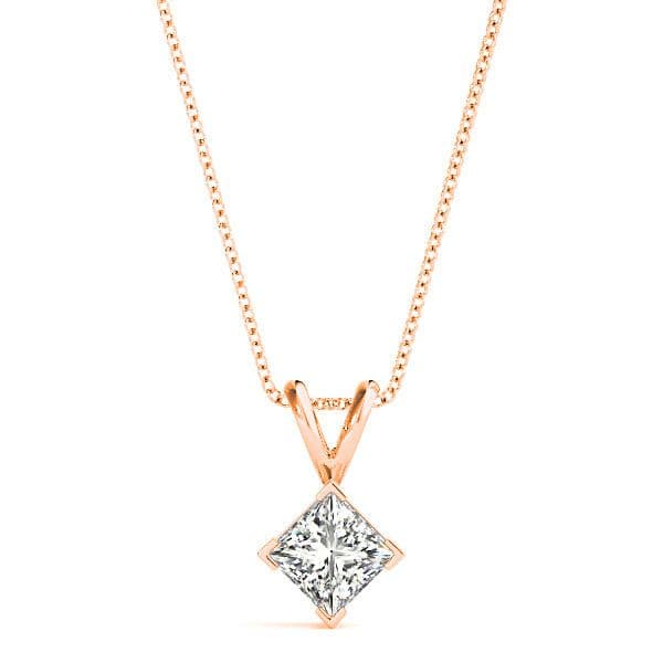 V Prong Princess Cut Diamond Solitaire Necklace Pendant-VIRABYANI