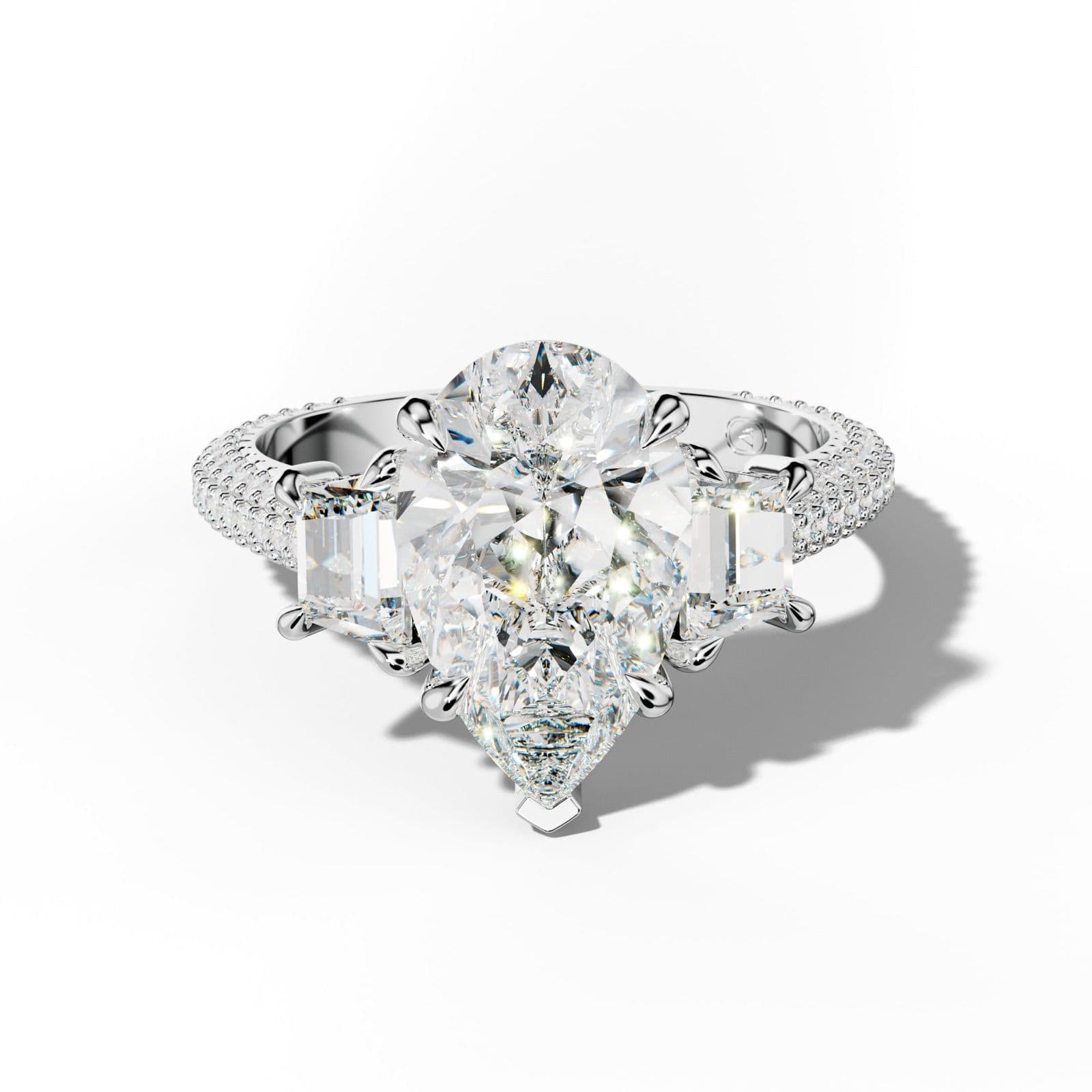 Vanessa Pear Center Trapezoid Side Diamond Engagement Ring