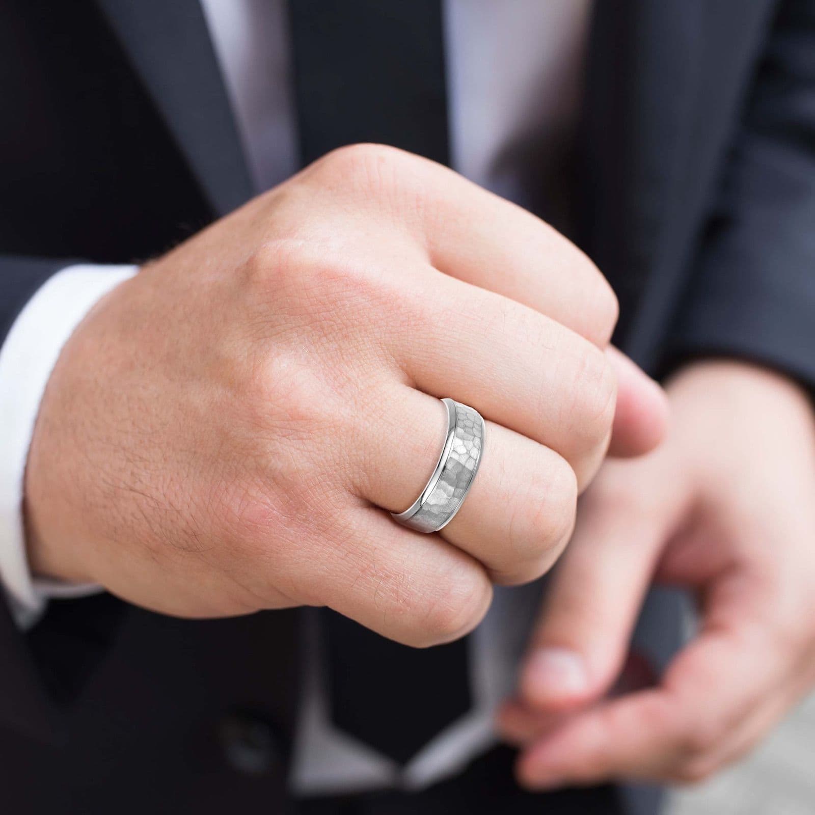 Men’s Hammered Domed Bevered Wedding Band