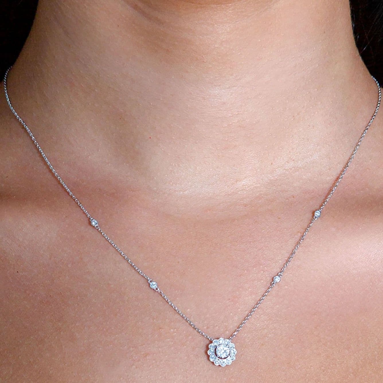 Milgrain 0.33 ctw Diamond Halo Cluster Necklace Pendant-VIRABYANI